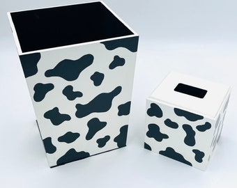 Farmhouse Cow Decor, Trash Can, Wooden Tissue Box, Waste Basket, Wooden Trash Bin, Trash Disposal, Tissue Holder, Cow Print, Black and White