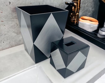 Modern Diamond Style Wood Tissue Box Cover and Trash Can Set / Handmade & Customizable to Match Your Room Colors