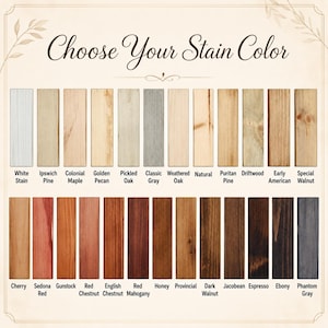 Może przedstawiać: Wzornik kolor&oacute;w zatytułowany Choose Your Stain Color przedstawiający dwadzieścia cztery prostokątne pr&oacute;bki drewna ułożone w dw&oacute;ch rzędach. Każda pr&oacute;bka pokazuje inne wykończenie bejcy z nazwą wydrukowaną czarnym tekstem poniżej.