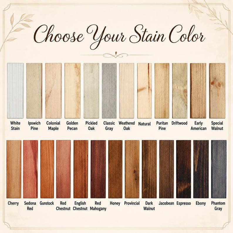 Może przedstawiać: Wzornik kolor&oacute;w zatytułowany Choose Your Stain Color przedstawiający dwadzieścia cztery prostokątne pr&oacute;bki drewna ułożone w dw&oacute;ch rzędach. Każda pr&oacute;bka pokazuje inne wykończenie bejcy z nazwą wydrukowaną czarnym tekstem poniżej.