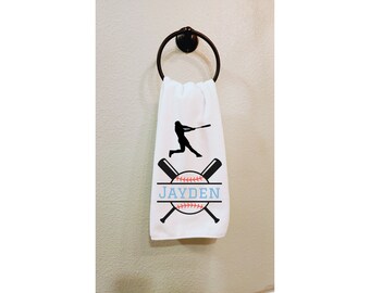 Baseball Team Gifts - Hand Towel, Sports Towel for Him, Baseball Design, White Black Red Blue, Home Run, Baseball Bat