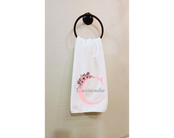 Monogrammed Towel with Name - Personalized Gift for Her, White Pink, Custom Hand Towel, First Apartment Gift, Floral Accent