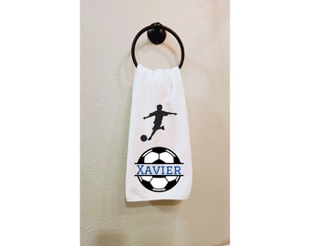 Soccer Team Gift - Personalized Sports Towel for Him, Hand Towel, Soccer Ball, White Black Blue, Custom Player Gift