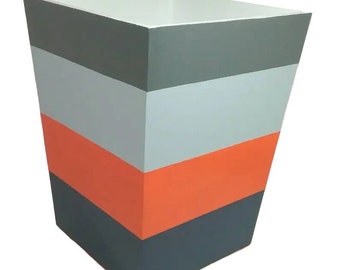 Striped Trash Bin, Orange,Navy Blue and Greys, Trash Can, Striped Garbage Can, Bathroom Decor, Horizontal Stripes