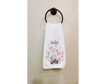 Custom Hand Towel Kitten with Flowers Perfect for Cat Lovers, White Gray Pink Purple Personalized Towel Girl, Cat Hand Towel with Name