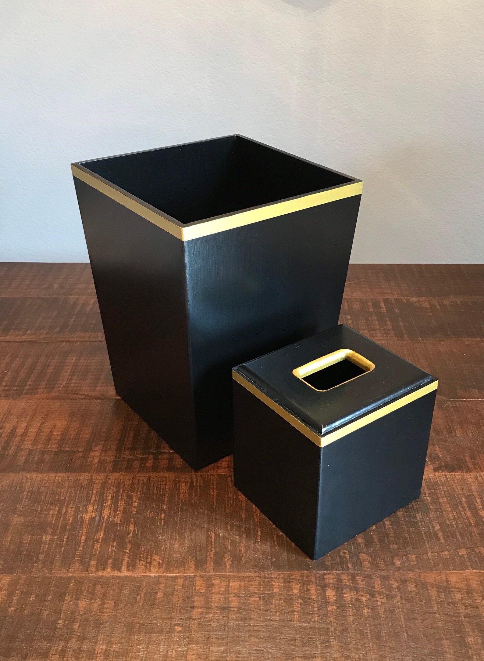 Trash Can Wooden Tissue Box Black and Gold Waste Basket Etsy