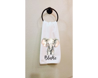 Custom Elephant Themed Hand Towel for Little Boys, White Gray Personalized Towel, Baby Boy Nursery, Large Zoo Animal Decor for Kids