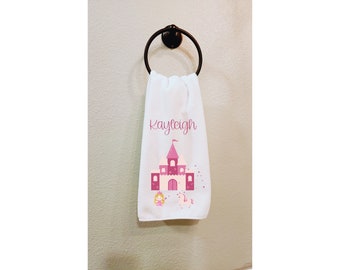 Custom Princess Hand Towel - Personalized with your Child's Name, Castle Princess Unicorn, Fun Bathroom Decor, White Pink