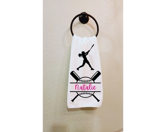 Personalized Girls Softball Team Gift - Hand Towel, Sports Towel for Her, Softball Design, White Black Hot Pink, Custom Name Towel