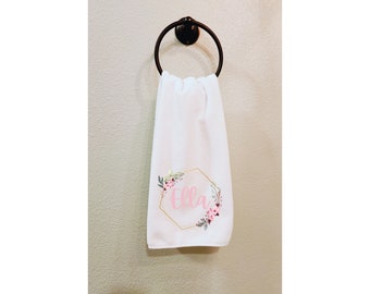 Pink Flower Personalized Hand Towel - Custom Gift for Her, White Pink Gold, Personalized Towel, Flower Decor for Bathroom