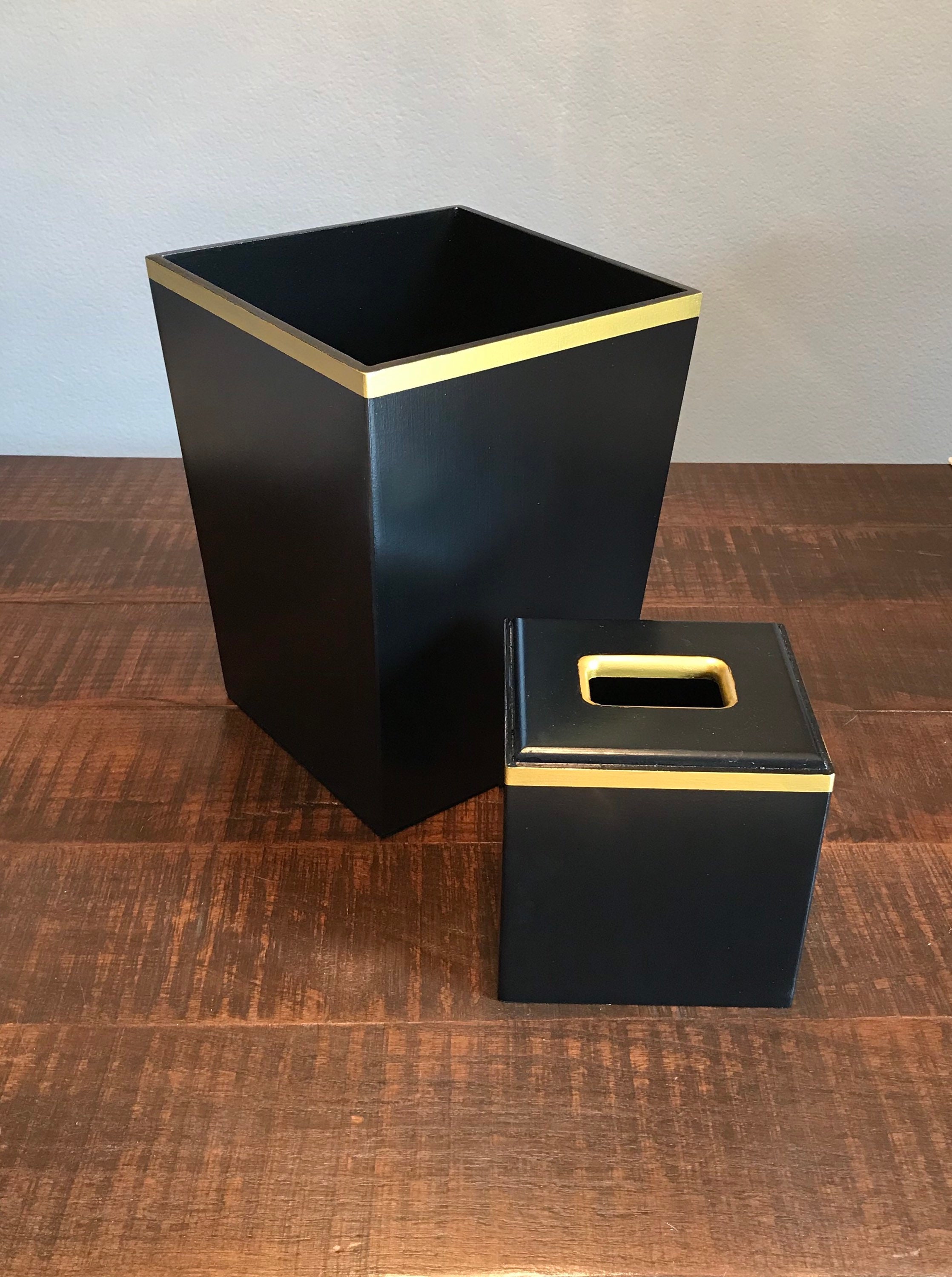 Trash Can, Wooden Tissue Box, Black and Gold, Waste Basket, Wooden