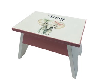 Foot Stool, Step Stool, Elephant Bathroom Decor, Girl Decor, Toddler Climber, Personalized Wood Stool, White Gray Pink