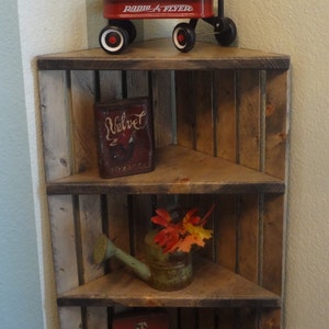Corner Unit' Rustic Shelves' Corner Crate Shelf' Grey Shelving' Knick Knack Display' Storage Ideas