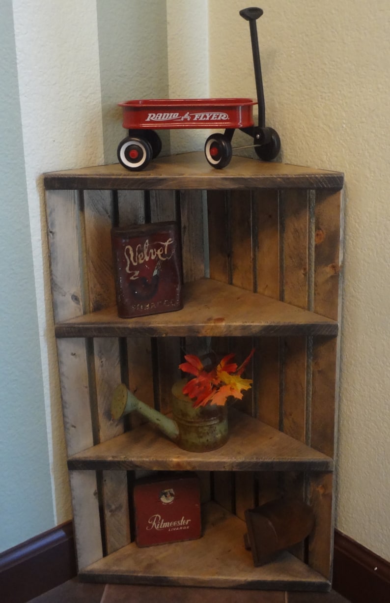 Corner Unit' Rustic Shelves' Corner Crate Shelf' Grey Shelving' Knick Knack Display' Storage Ideas 