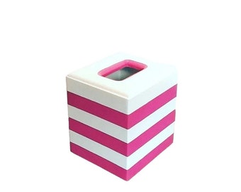 Wood Tissue Box / Tissue Box Cover / Hot Pink and White Stripes / Bedroom Decor / Tissue Box for Bedroom / for Bathroom