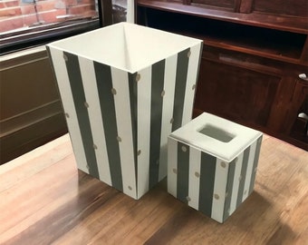 Black and White Trash Can Set, Tissue Box Cover, Garbage Can, Tissue Box, Gold Dots, Striped Trash Can, Waste Basket, Tissue Holder