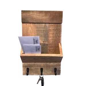 Reclaimed Wood Mail Organizer | Rustic Wall Mounted Mail Holder with Key Hooks | Hanging Rustic Wall Display