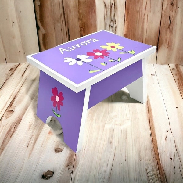 Wooden Step Stool with Flowers - Personalized Stool - Gifts for Kids - Step Up for Girl, Purple Pink White Yellow