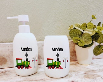 Personalized Kids Train Soap Dispenser, White Green Red Bathroom Accessory Set, Stone Ceramic Bathroom Tumbler Set, Children's Lotion Pump