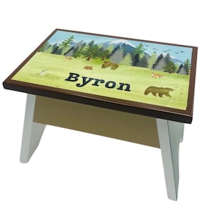 Wood Stool with Woodland Bear Design - Forest Animals, Riser Step, White Green Tan Brown, Handcrafted Stool, Nature Lover