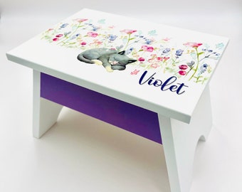 Customizable Cat Gifts Personalized Stool - Name Stool Gifts for Cat People, Sleeping Cat with Flowers, Nursery Furniture, Bathroom Stool