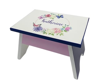 Hello Spring Butterfly Theme Wood Stool with Flowers, Children's Furniture, Bathroom Organizer, White Purple Pink, Foot Stool
