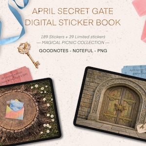 Puede incluir: Libro de pegatinas digitales "April Secret Gate" con 189 pegatinas y 39 pegatinas de edición limitada. La imagen presenta una llave, cintas y dos tabletas que muestran diseños de pegatinas, incluyendo una puerta de madera y un tocón de árbol.