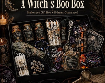 May include: A black gift box titled A Witch's Boo Box containing ten items including three spell jars labelled Samhain, Protection, and Halloween, white taper candles with black motifs, a spell oil bottle, a decorative spoon, and crystals.