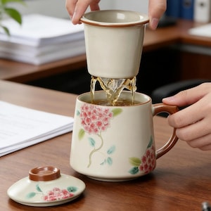 Può includere: Tazza da tè in ceramica color crema con un design floreale, manico marrone e coperchio abbinato. Un infusore per tè è tenuto sopra la tazza, con il tè che vi si versa dentro. La tazza ha un motivo floreale rosa e verde.