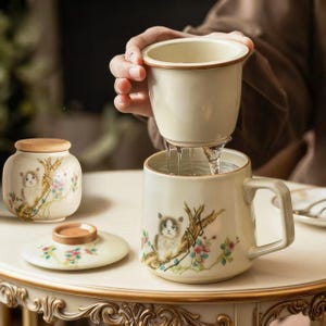 Puede incluir: Juego de té de cerámica color crema con diseño de gato y flores. El juego incluye una taza, un infusor, un tarro pequeño y una tapa. La taza tiene un asa y se está llenando de agua del infusor. El tarro tiene una tapa de madera.