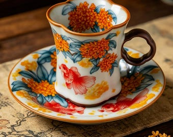 Osmanthus & Goldfish Ceramic Tea Mug With Lid,  Painted Loose Leaf Tea Cup, Office Home Tea Mug, Unique Tea Lover Gift