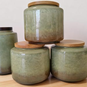 Rustic Green Ceramic Jar with Wood Lid, Farmhouse Kitchen Storage Container, Unique Reactive Glaze Pottery Gift for Tea, Coffee Lovers