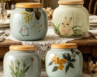 Ceramic Tea Jar with Bamboo Lid, Cute Rabbit & Floral Canister, Airtight Storage Jar for Tea Coffee Herbs, Kitchen Decor, Unique Gift