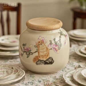 Könnte beinhalten: Ein cremefarbenes Keramikgefäß mit Holzdeckel. Das Gefäß ist mit einem Aquarellgemälde einer orangefarbenen Tabby-Katze auf einem Felsen verziert, umgeben von rosa und lila Blumen. Das Gefäß trägt den Text "AI 生成" in der oberen linken Ecke.