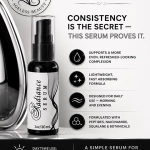 May include: A black serum bottle with a pump dispenser, labeled "Radiance Serum" and "1oz/30 ml." The image includes the text "Innes Ageless Beauty" and details about the serum's benefits and ingredients.