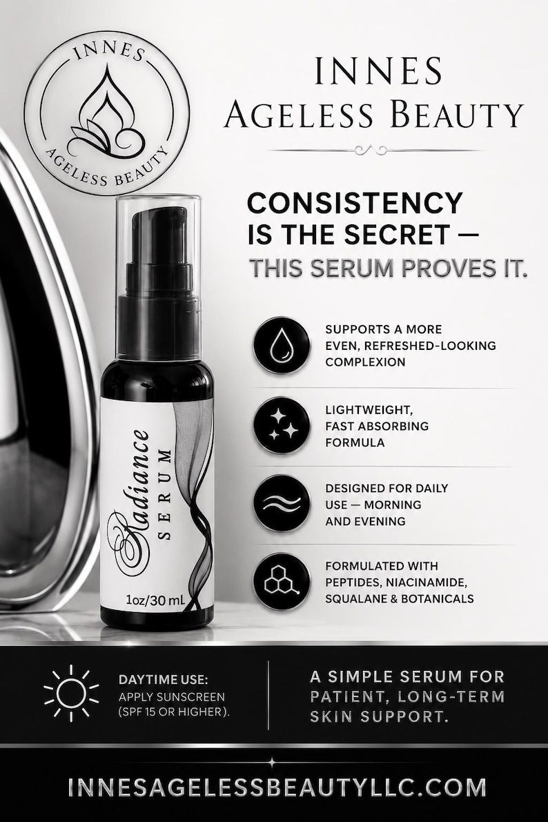 May include: A black serum bottle with a pump dispenser, labeled "Radiance Serum" and "1oz/30 ml." The image includes the text "Innes Ageless Beauty" and details about the serum's benefits and ingredients.