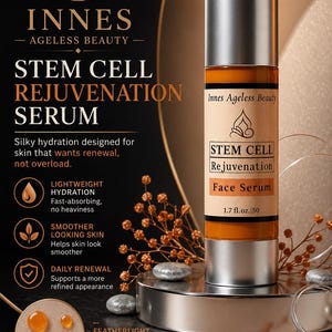 May include: A product shot of a face serum bottle with a silver cap and a tan label. The label reads "STEM CELL Rejuvenation Face Serum" and "1.7 fl. oz. | 50". The background is a gradient of gold and black.