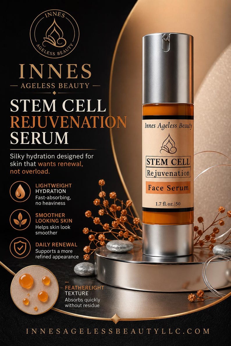 May include: A product shot of a face serum bottle with a silver cap and a tan label. The label reads "STEM CELL Rejuvenation Face Serum" and "1.7 fl. oz. | 50". The background is a gradient of gold and black.