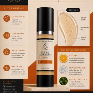 Peut inclure: Bouteille de s&eacute;rum pour le visage avec un bouchon noir et un corps transparent, &eacute;tiquet&eacute;e "ELITE GLOW BOOST Vitamin C Face Serum". L'image comprend du texte sur les bienfaits du produit, comme un teint &eacute;clatant et une hydratation douce. Le flacon contient 50 ml.