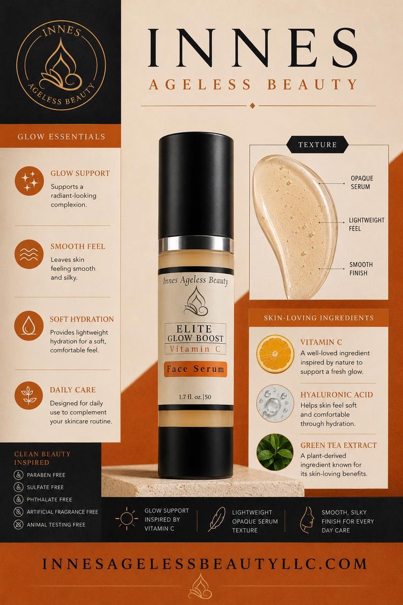 Peut inclure: Bouteille de s&eacute;rum pour le visage avec un bouchon noir et un corps transparent, &eacute;tiquet&eacute;e "ELITE GLOW BOOST Vitamin C Face Serum". L'image comprend du texte sur les bienfaits du produit, comme un teint &eacute;clatant et une hydratation douce. Le flacon contient 50 ml.