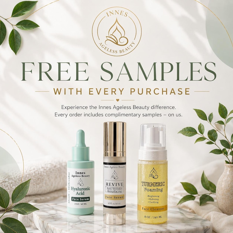 May include: An advertisement for Innes Ageless Beauty products. The image features three skincare products: a light green serum, a gold and silver serum, and a yellow face cleanser. The text reads "FREE SAMPLES WITH EVERY PURCHASE."