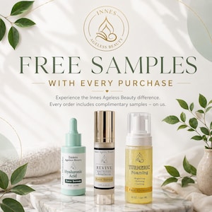 Puede incluir: Un anuncio de productos Innes Ageless Beauty. La imagen presenta tres productos para el cuidado de la piel: un s&eacute;rum facial de &aacute;cido hialur&oacute;nico verde claro, un s&eacute;rum facial antiedad resurfacing dorado y blanco y un limpiador facial espumoso de c&uacute;rcuma. Texto: "MUESTRAS GRATUITAS con cada compra."