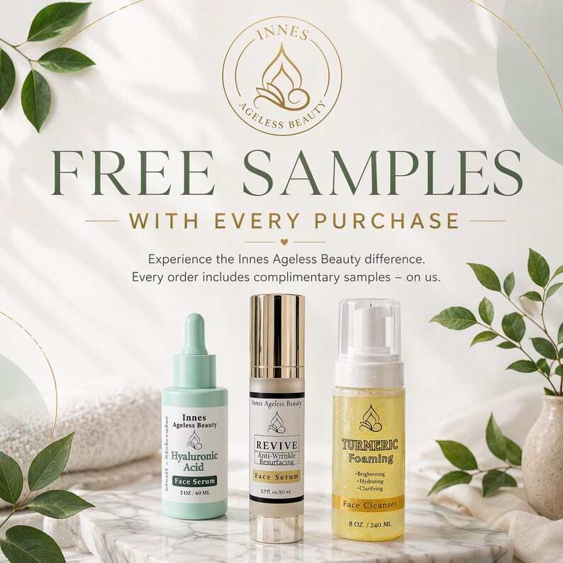 Puede incluir: Un anuncio de productos Innes Ageless Beauty. La imagen presenta tres productos para el cuidado de la piel: un s&eacute;rum facial de &aacute;cido hialur&oacute;nico verde claro, un s&eacute;rum facial antiedad resurfacing dorado y blanco y un limpiador facial espumoso de c&uacute;rcuma. Texto: "MUESTRAS GRATUITAS con cada compra."