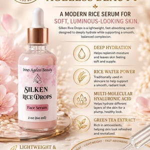 May include: A pink Silken Rice Drops face serum bottle with a dropper, 2 oz (60 ml). The product is from Innes Ageless Beauty. The image highlights the serum's lightweight, fast-absorbing formula for soft, luminous-looking skin.