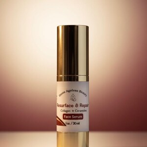 May include: A face serum bottle with a gold cap and base, and a white label. The label reads "Resurface & Repair Face Serum" with "Collagen & Ceramides" and "1 oz / 30ml". The product is from "Innes Ageless Beauty".
