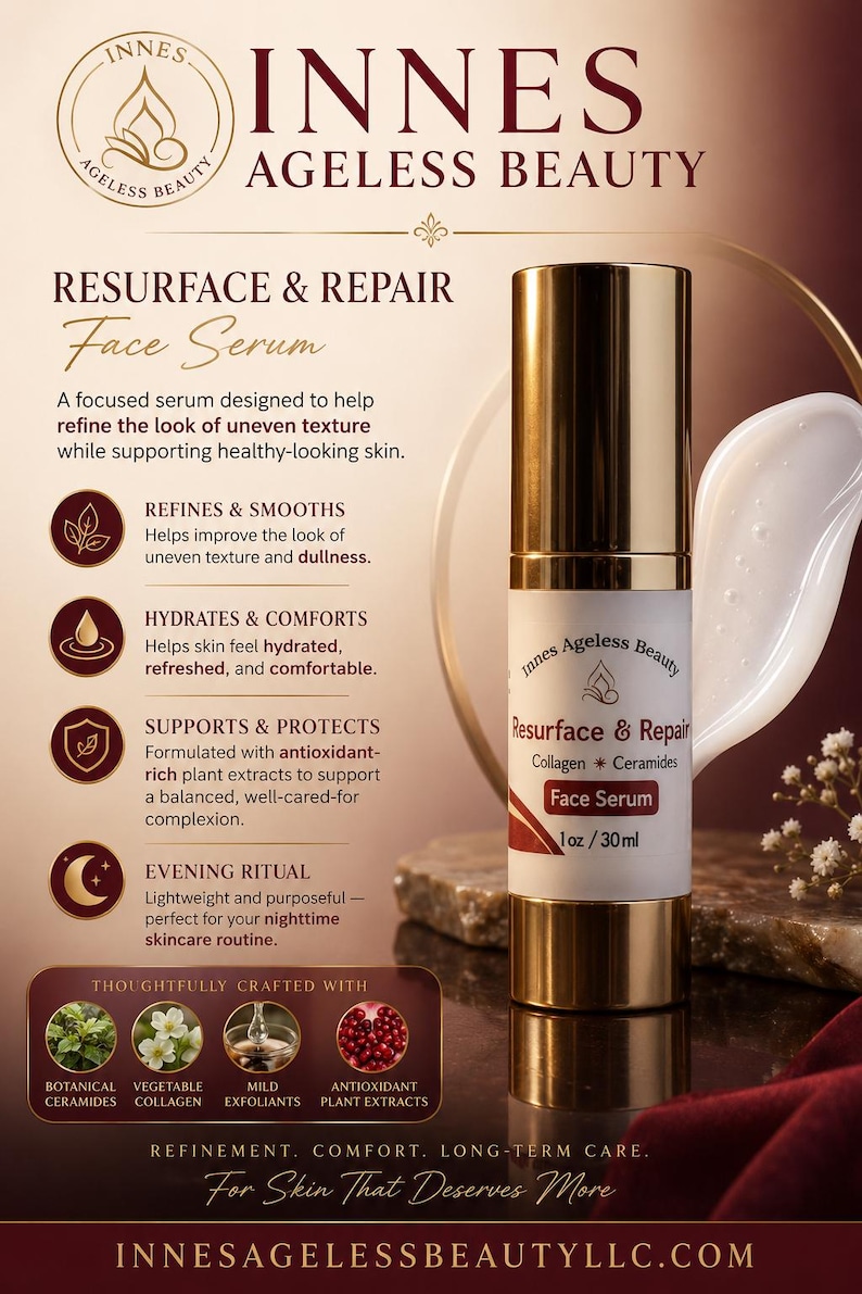 May include: A skincare product advertisement featuring a gold and white face serum bottle. The label reads "Resurface & Repair Face Serum" with "Collagen * Ceramides." The ad includes text about the serum's benefits and ingredients.
