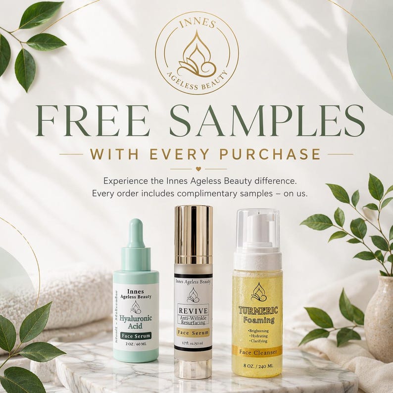 Peut inclure: Publicit&eacute; pour les produits Innes Ageless Beauty. L'image pr&eacute;sente trois produits de soin de la peau : un s&eacute;rum pour le visage &agrave; l'acide hyaluronique, un s&eacute;rum resurfa&ccedil;ant anti-rides et un nettoyant moussant au curcuma. Le texte indique &laquo; &Eacute;CHANTILLONS GRATUITS AVEC CHAQUE ACHAT &raquo;.