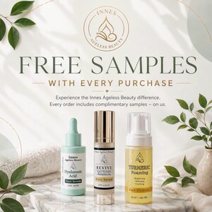 May include: An advertisement for Innes Ageless Beauty products. The image features three skincare products: a hyaluronic acid face serum, an anti-wrinkle resurfacing face serum, and a turmeric foaming face cleanser. The text reads "FREE SAMPLES WITH EVERY PURCHASE."