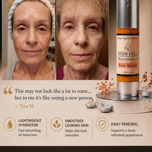 May include: An advertisement for Innes Ageless Beauty products. The image shows a before-and-after comparison of a woman's face, alongside a bottle of Stem Cell Rejuvenation Face Serum. Text highlights benefits like lightweight hydration and smoother-looking skin.