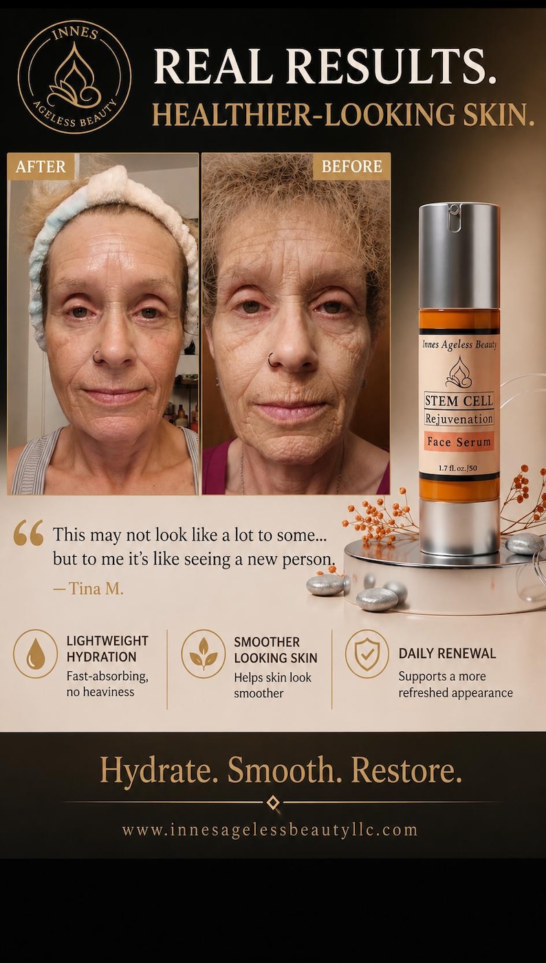 May include: An advertisement for Innes Ageless Beauty products. The image shows a before-and-after comparison of a woman's face, alongside a bottle of Stem Cell Rejuvenation Face Serum. Text highlights benefits like lightweight hydration and smoother-looking skin.